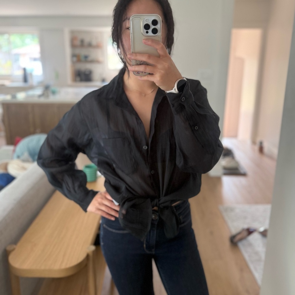 Oversized Black Sheer Button-Up Blouse - small